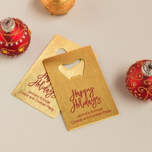 Christmas Holiday Party Supply Guide - Personalized Holiday Credit Card Bottle Openers